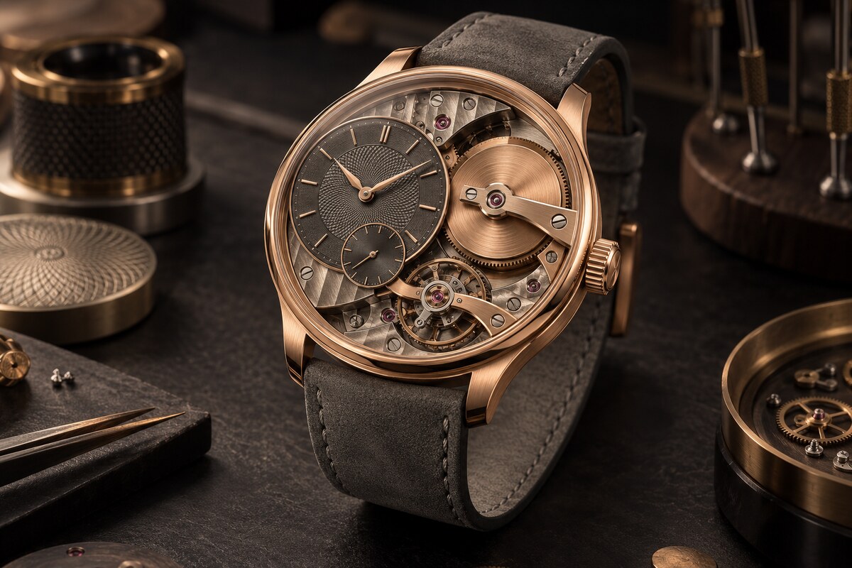 AI-generated illustration of a fictional asymmetrical rose-gold mechanical dress watch on a dark workbench; it is not an official Armin Strom product photograph.