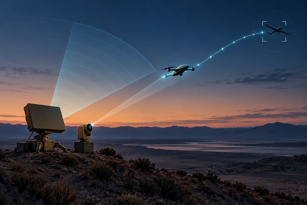 Conceptual illustration of radar and an electro-optical sensor guiding an interceptor drone toward an unmanned target