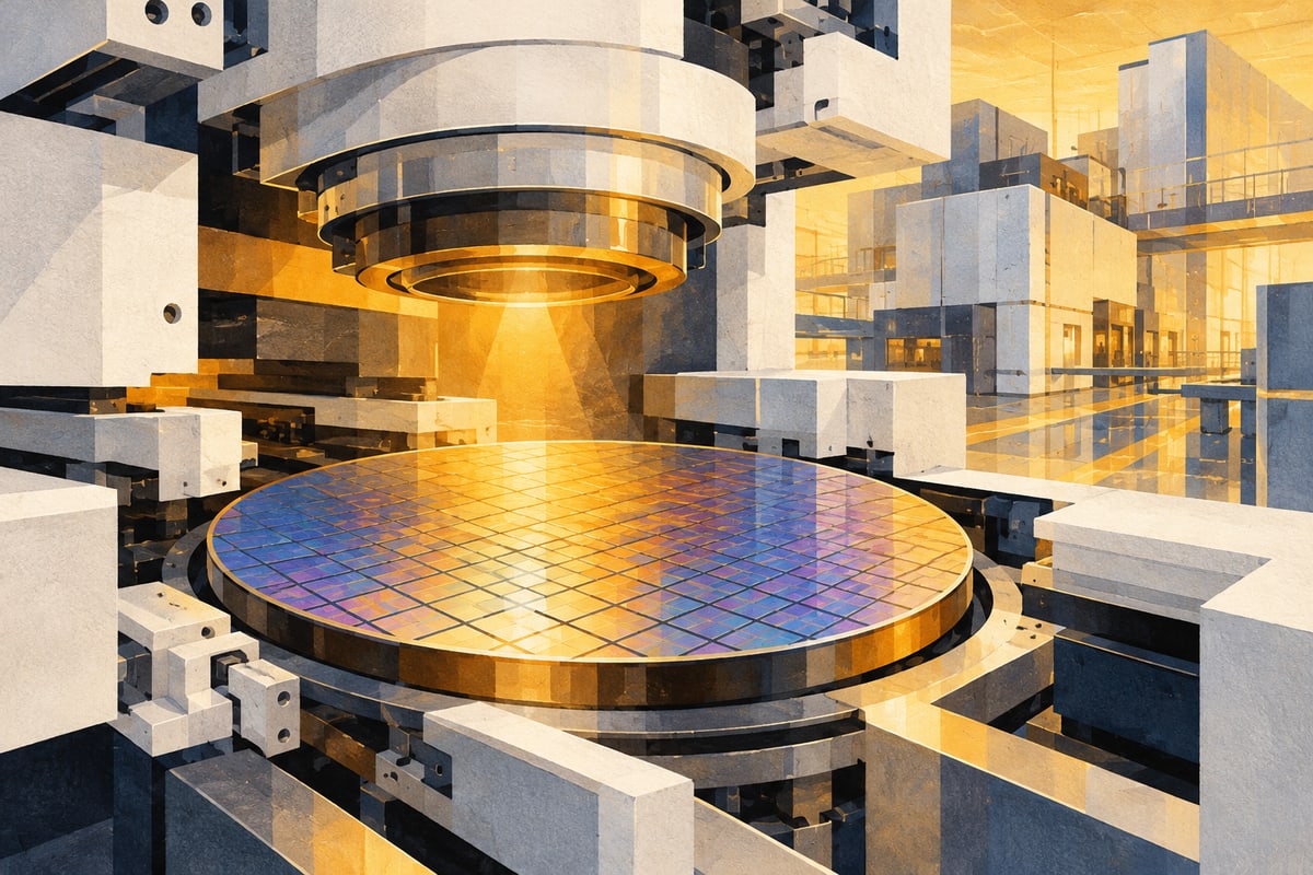 Illustrated silicon wafer surrounded by abstract precision optical machinery