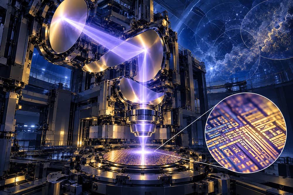 AI-generated illustration of a conceptual EUV lithography machine using precision mirrors to expose fine circuitry; it is not a photograph or official ASML or Zeiss rendering.