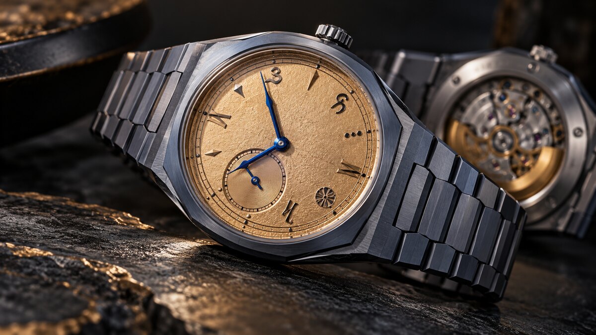 AI-generated illustration of an original integrated-bracelet watch with a tantalum-toned case and textured gold dial; it is not a photograph or exact rendering of the Inflection Shuò.
