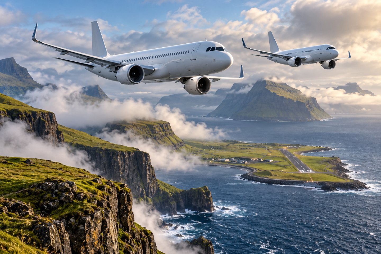 Original conceptual illustration of two single-aisle jets flying above the Faroe Islands and an island airport