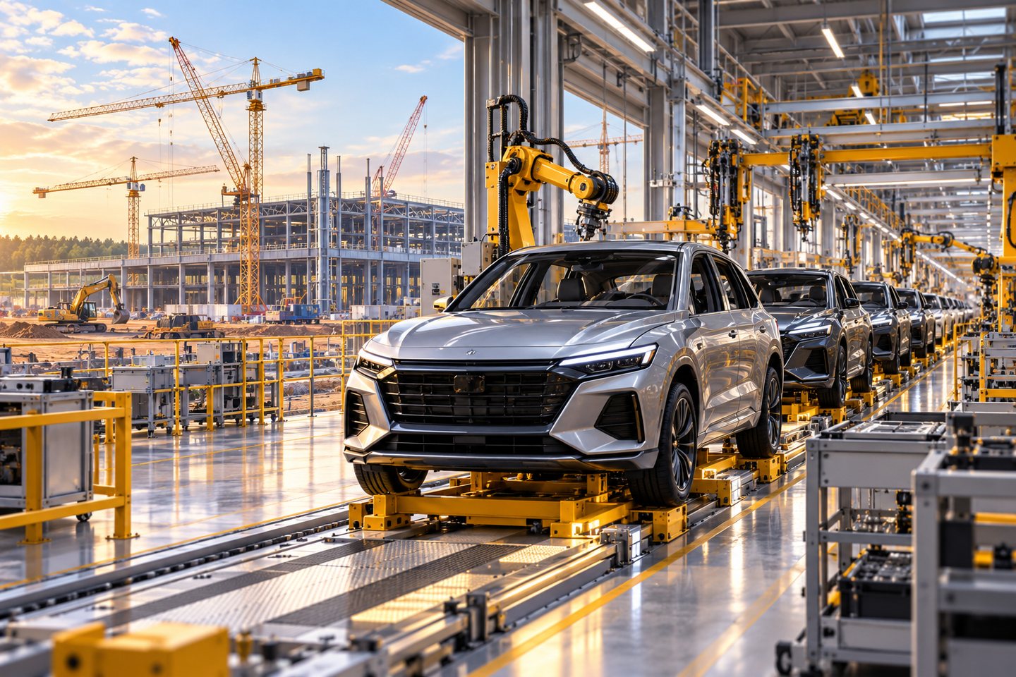 Original conceptual illustration of premium SUVs moving through a Georgia assembly plant under construction