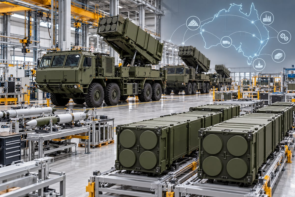 AI-generated illustration of generic rocket-artillery launchers and sealed munitions in an Australian manufacturing plant; it is not a photograph of delivered HIMARS equipment.