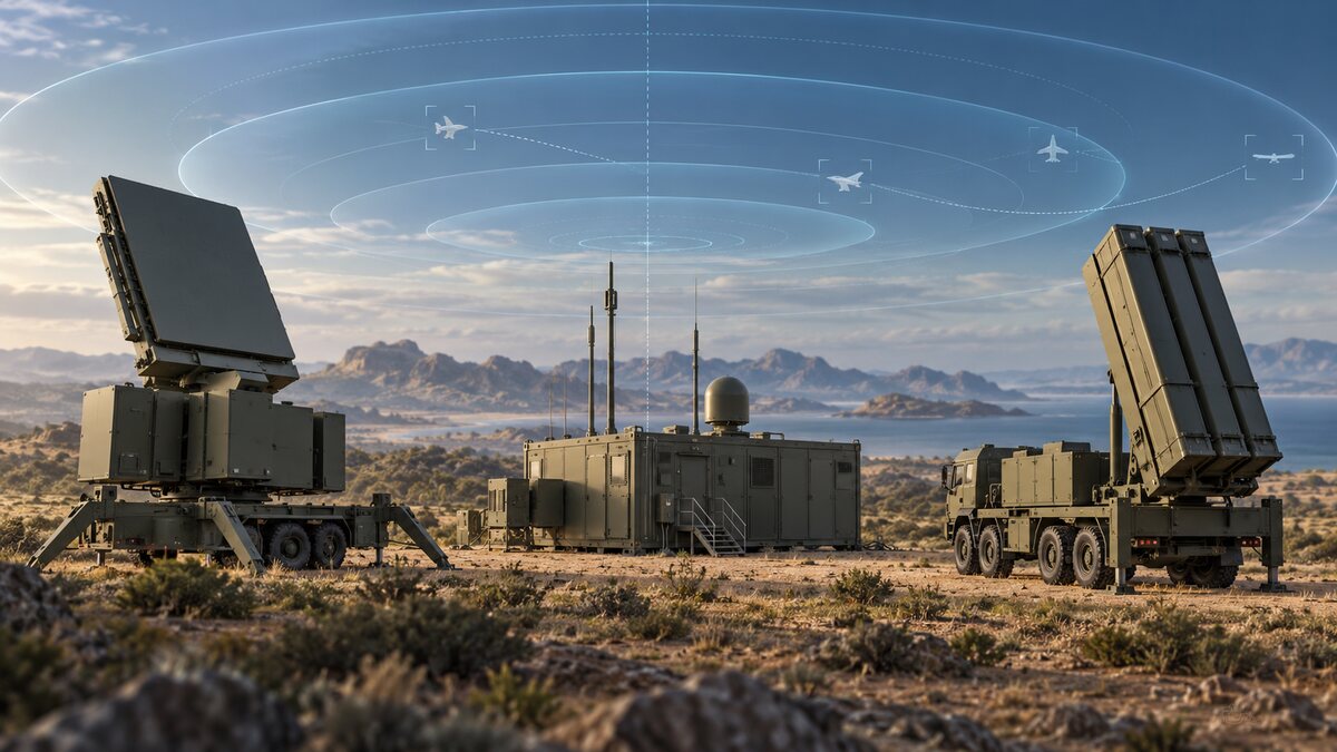 AI-generated illustration. Conceptual radar, command node and sealed launcher on a training landscape; not Australia’s NASAMS or a photograph of the system.