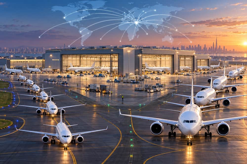 AI-generated illustration of unbranded narrow-body and wide-body passenger jets converging on a global leasing hub; it is not a photograph of Avolon aircraft.