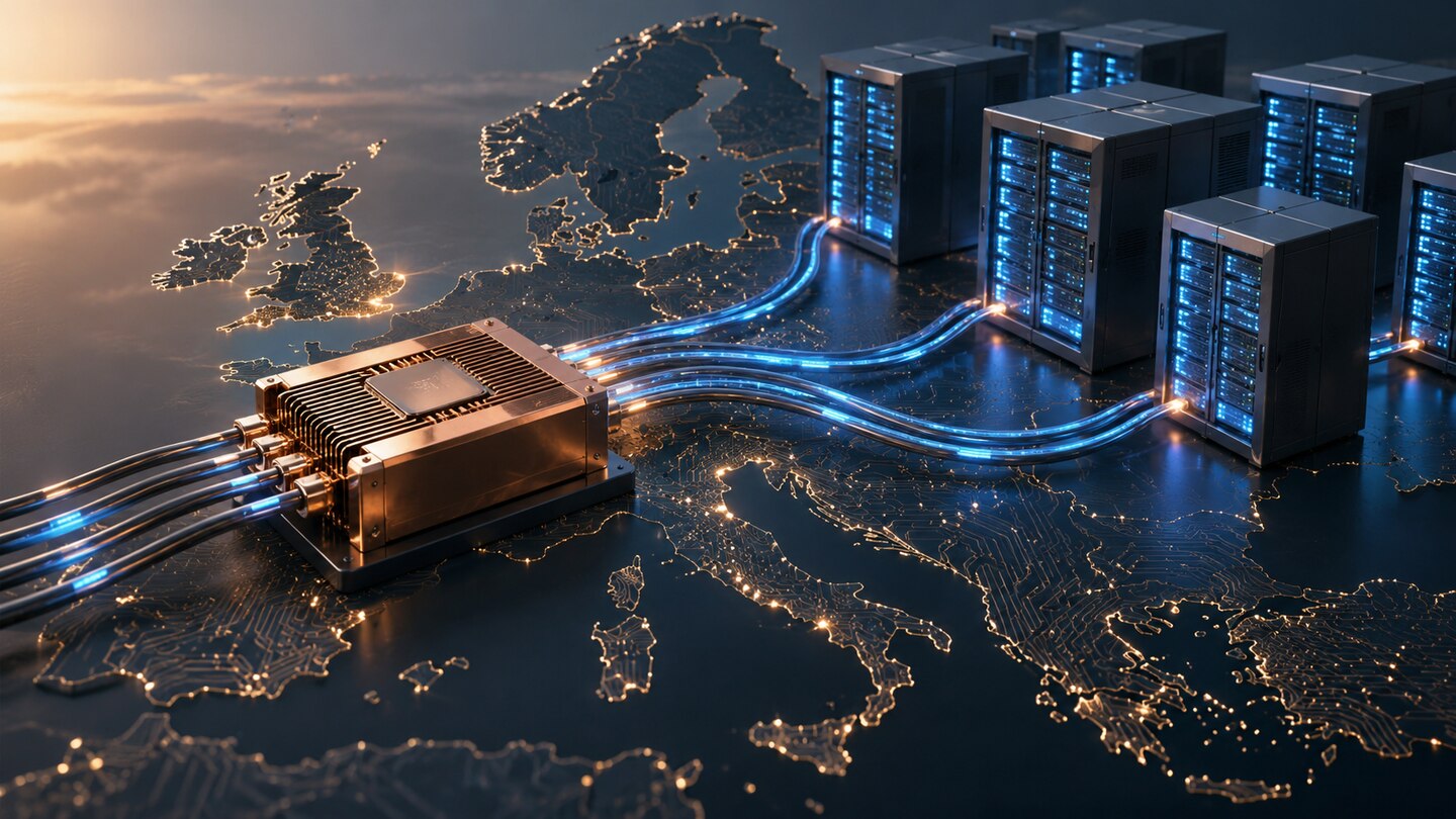 AI-generated illustration. Conceptual AI accelerator connected to European server infrastructure; not Axelera Europa hardware or an installed AI factory.