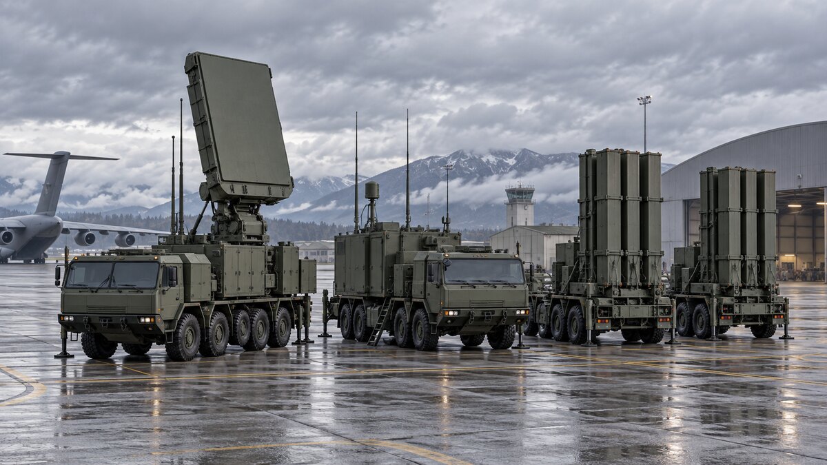 AI-generated illustration of generic air-defence vehicles parked at a European air base; it is not a photograph of Belgium's NASAMS order.