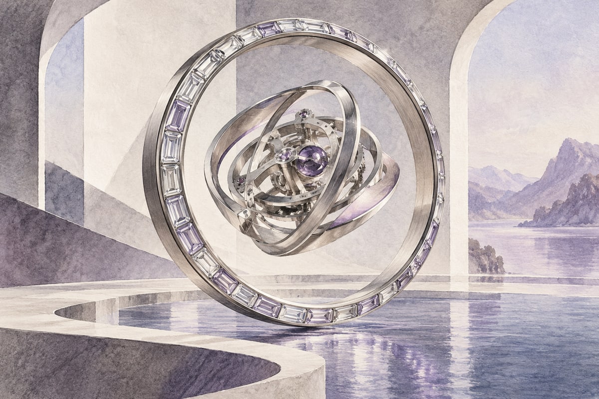 Abstract titanium ring with crystal facets around a floating mechanical sculpture
