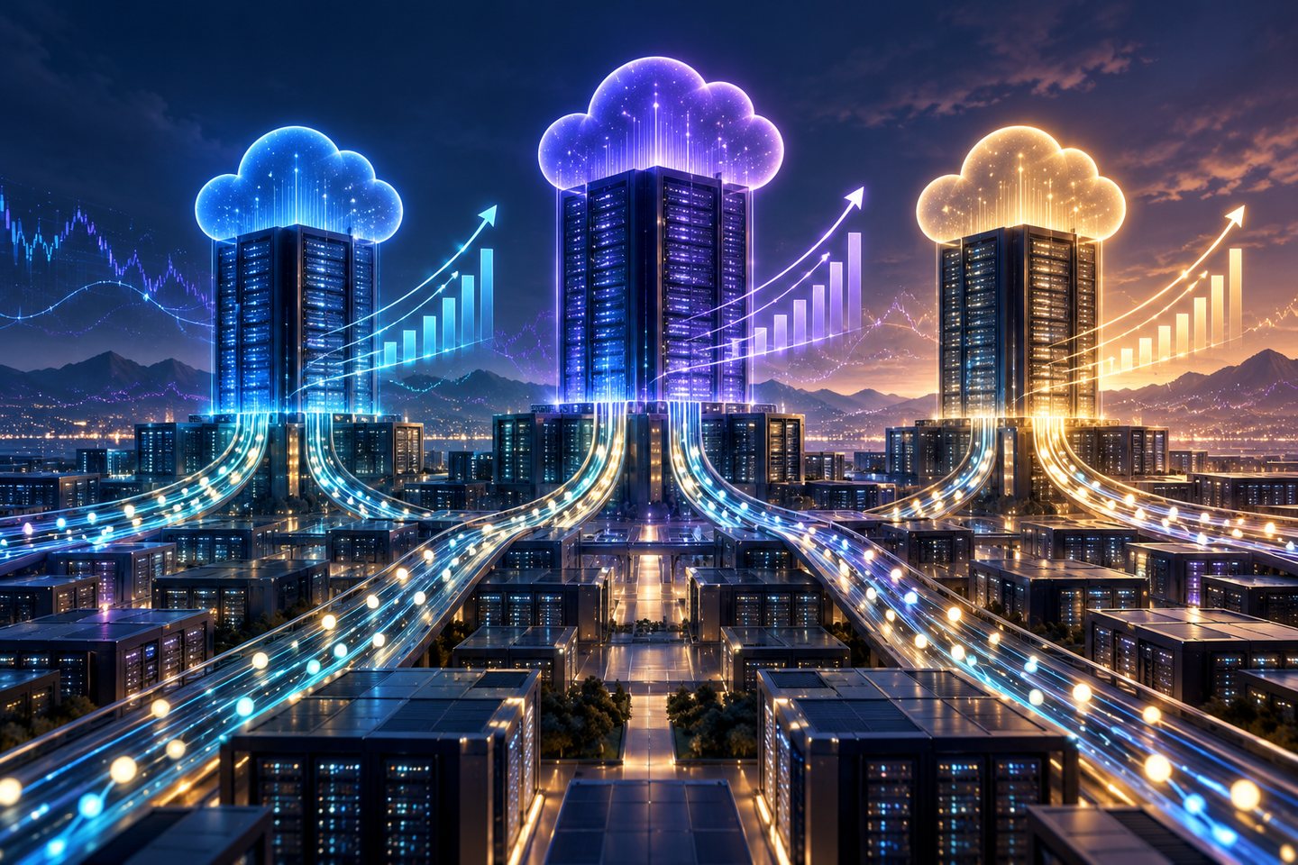 Original conceptual illustration of three cloud-computing towers turning AI infrastructure into growth and cash-flow paths