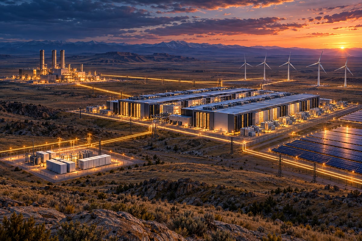 AI-generated illustration of a Wyoming data-center campus linked to multiple power sources; it is not a photograph of the proposed Google site.