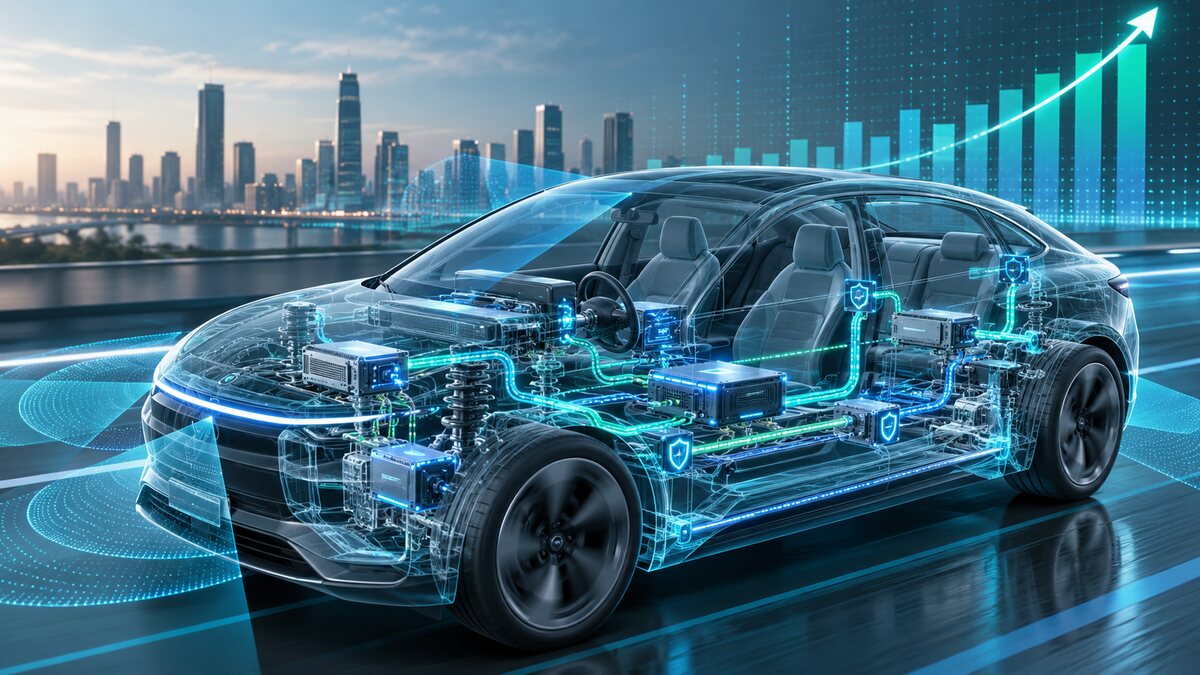 AI-generated illustration of a fictional transparent vehicle showing embedded control modules and software pathways; it is not a QNX product demonstration.