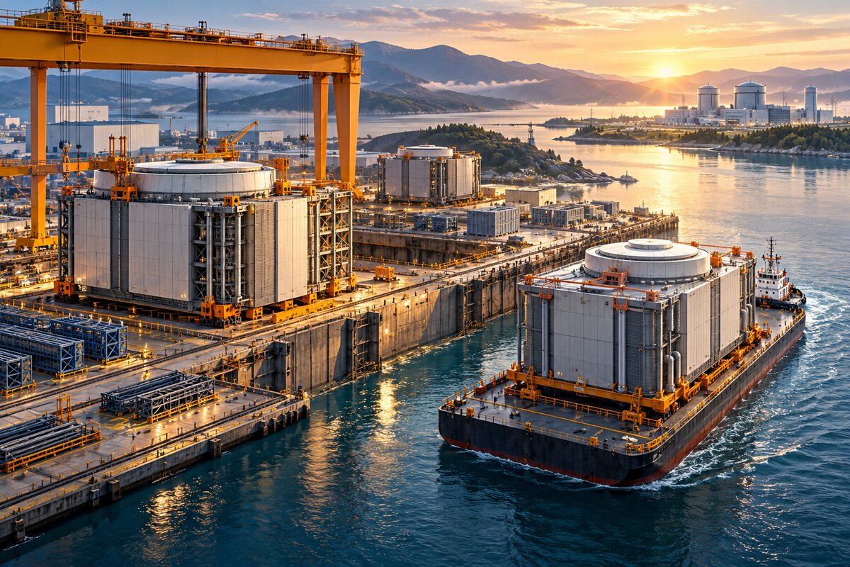 Original conceptual modular energy blocks moving from a shipyard to a nuclear power site