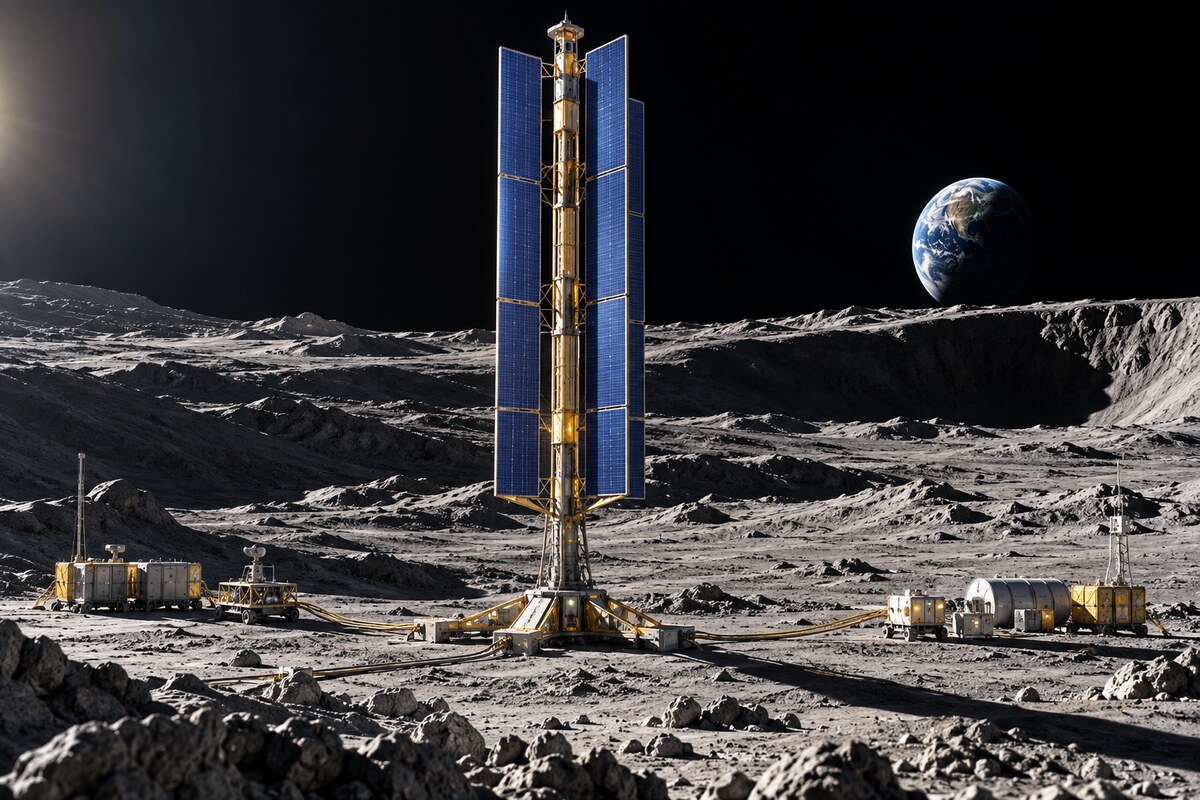 AI-generated concept illustration of a tall vertical solar tower on the lunar south pole; it is not an official Blue Origin rendering or a photograph of lunar hardware.