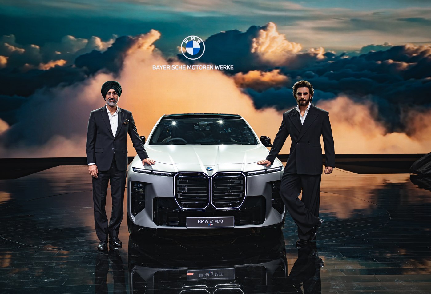 Hardeep Singh Brar, BMW Group India president and CEO (left), and Ranveer Singh with the BMW i7 M70 at the Indian 7 Series launch on 11 September 2026.