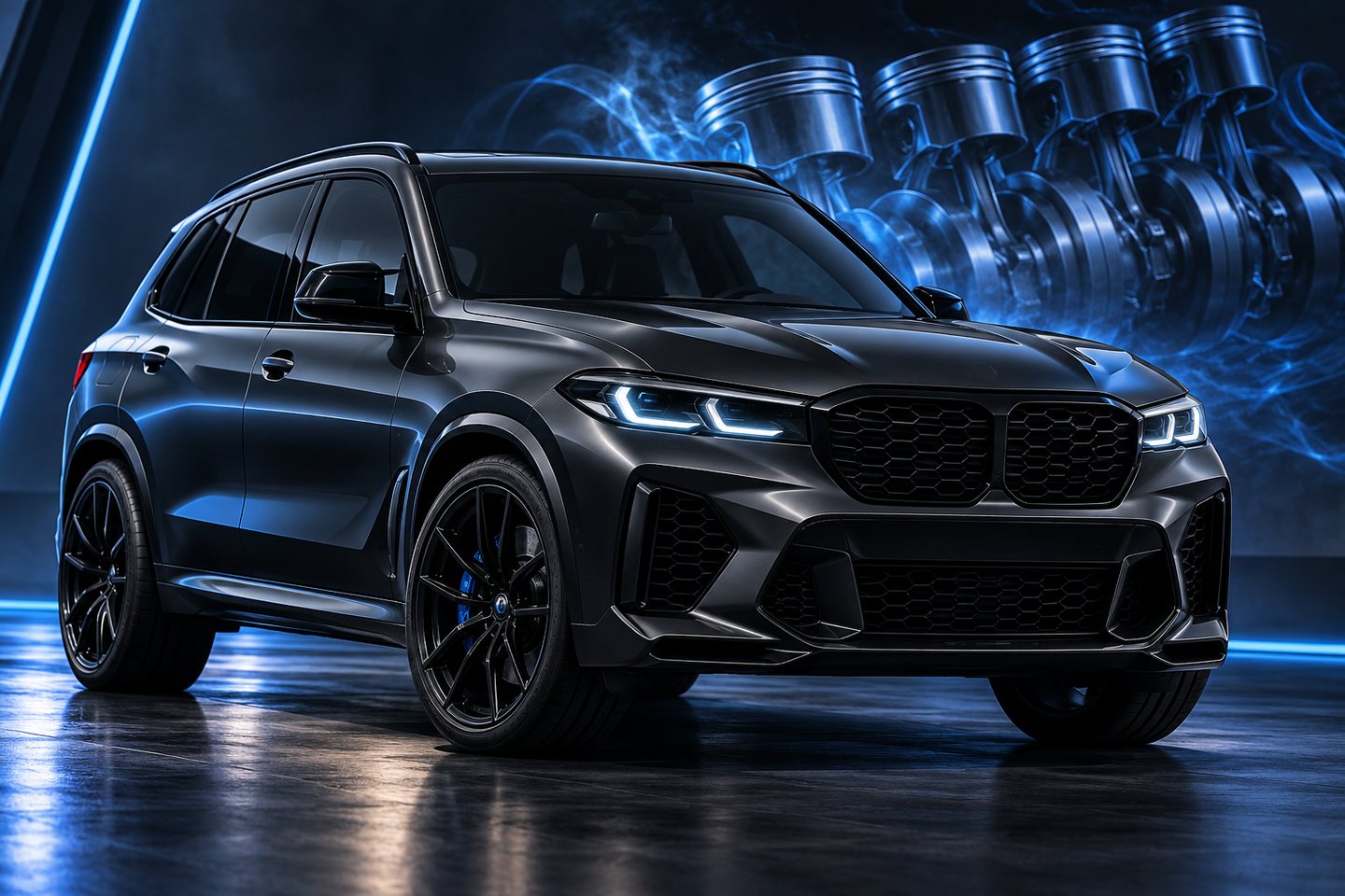 Original conceptual rendering of a dark premium performance SUV with a six-cylinder engineering motif