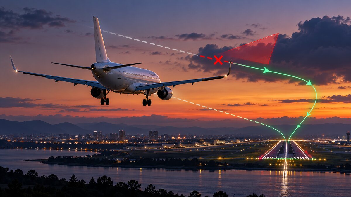 AI-generated illustration of an unbranded passenger jet approaching a runway with an interrupted guidance path; it is not a photograph of any real flight.
