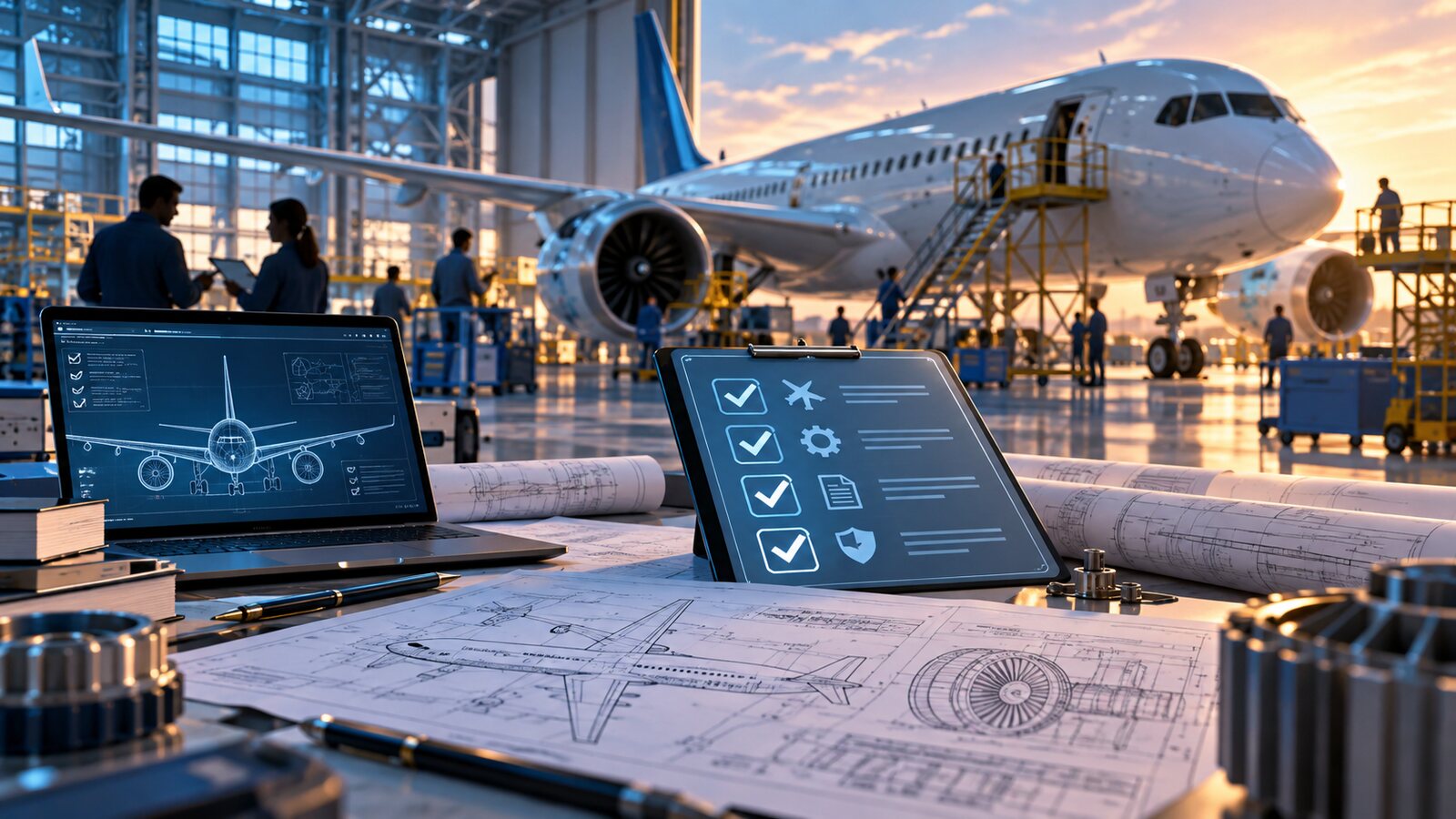 AI-generated illustration of a fictional civil-aircraft engineering workspace with abstract certification checklists; it is not a photograph of Boeing workers or contract voting.