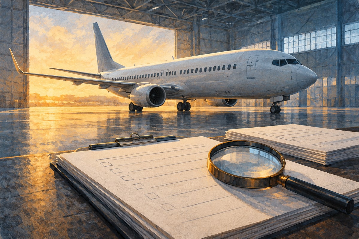Illustrated passenger jet in an abstract hangar beside blank inspection papers