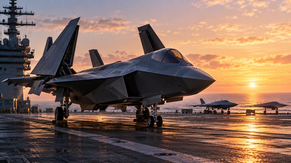 AI-generated illustration of a fictional stealth fighter on an aircraft-carrier deck at sunrise; it is not a photograph or official rendering of F/A-XX.