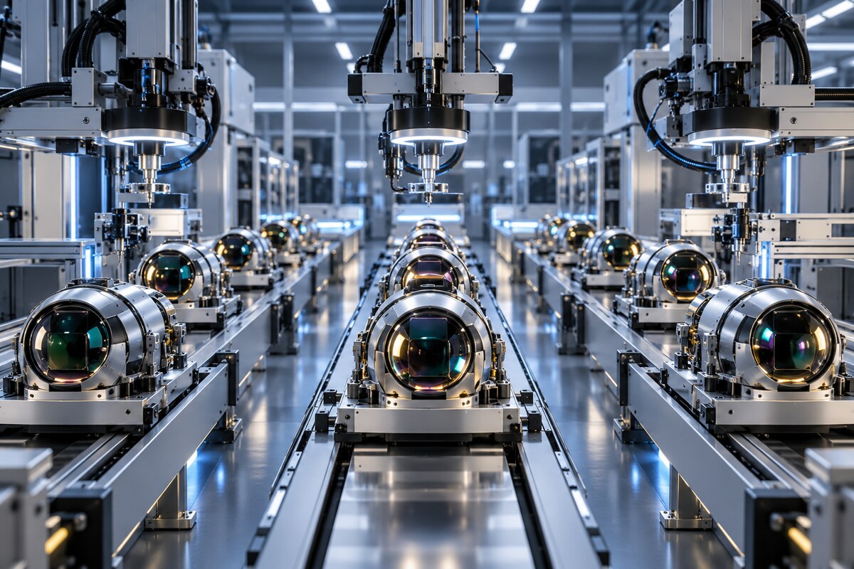 AI-generated illustration of a precision optical-sensor production line; it is not a photograph of Boeing, Lockheed Martin or PAC-3 manufacturing.