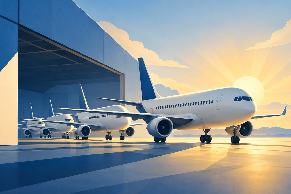 Illustrated unbranded passenger-aircraft silhouettes emerging from an abstract hangar
