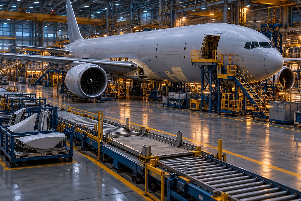 Original conceptual cargo aircraft paused on an assembly line by a missing component