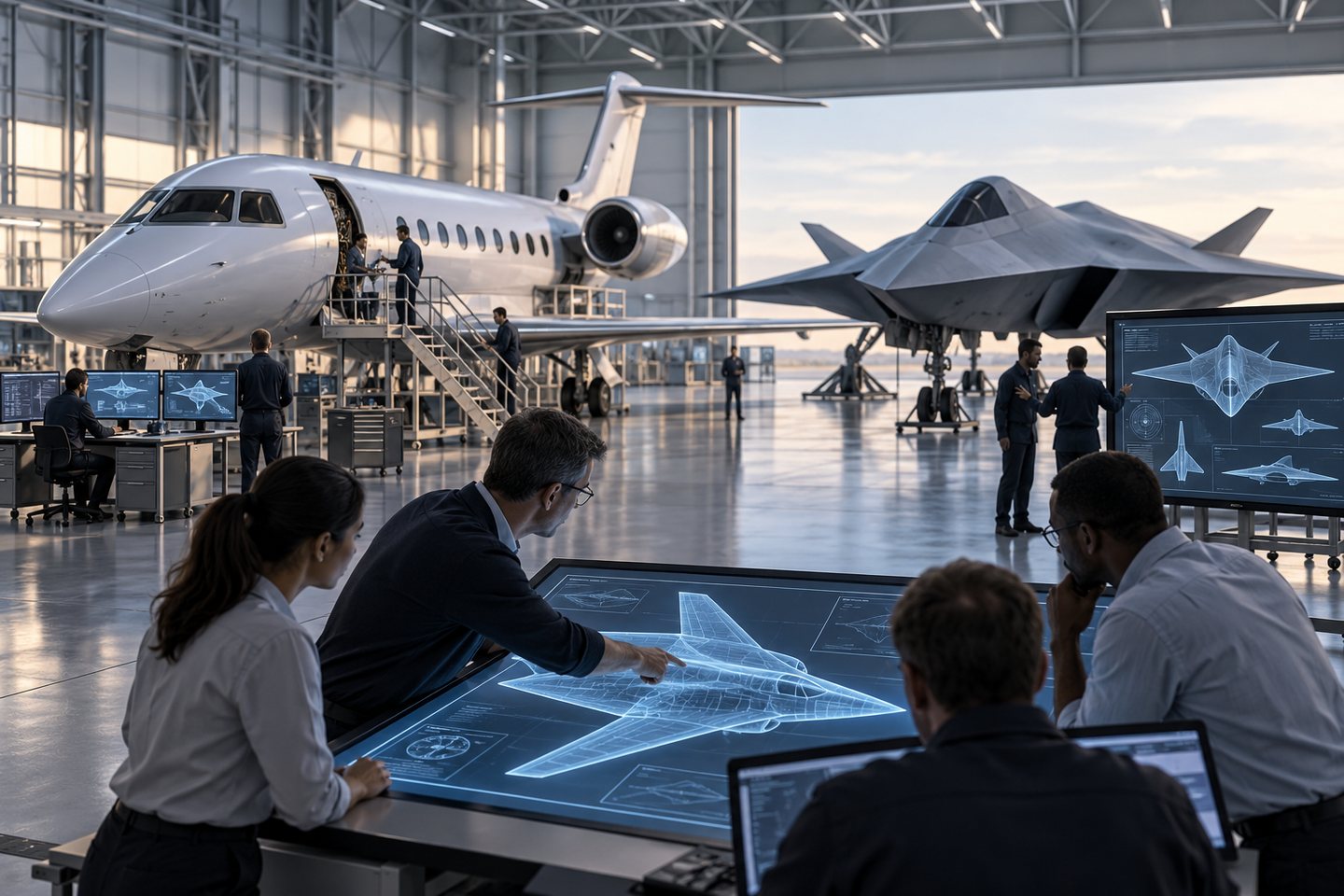 Original conceptual illustration of a business-jet test platform and future aircraft model in an integration hangar