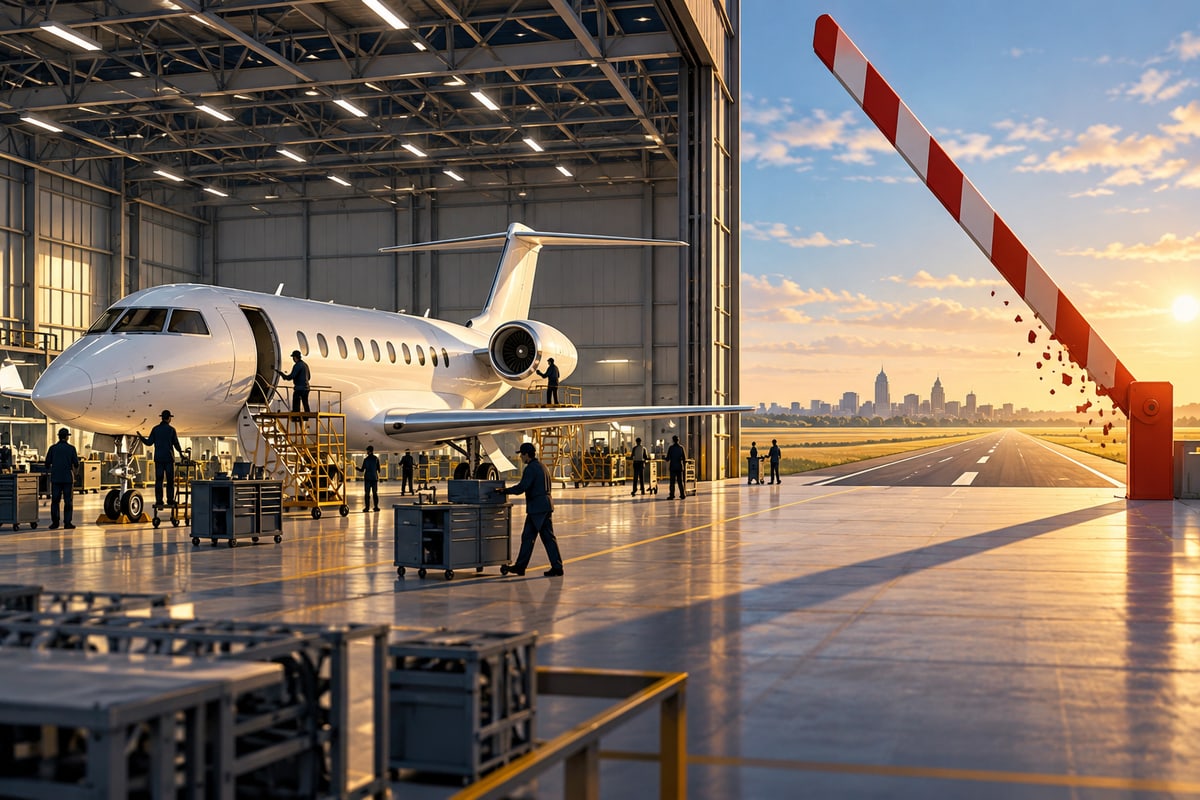 Conceptual unbranded business jet in a Kansas factory as a runway barrier lifts