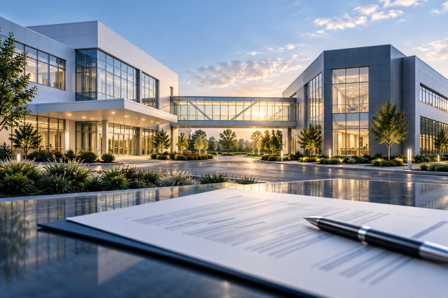 Original conceptual illustration of two modern outpatient healthcare buildings joined by a glass bridge, with a deal document in the foreground