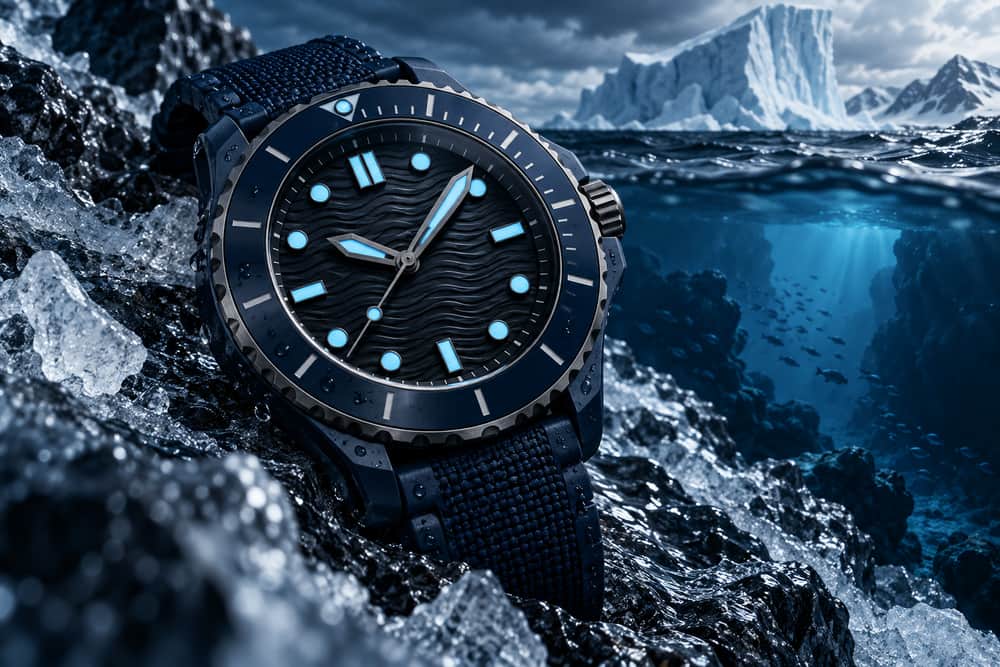 AI-generated illustration of an original navy ceramic dive watch with a wave-textured dial posed between ice and ocean; it is not a photograph or replica of the Bremont watch.