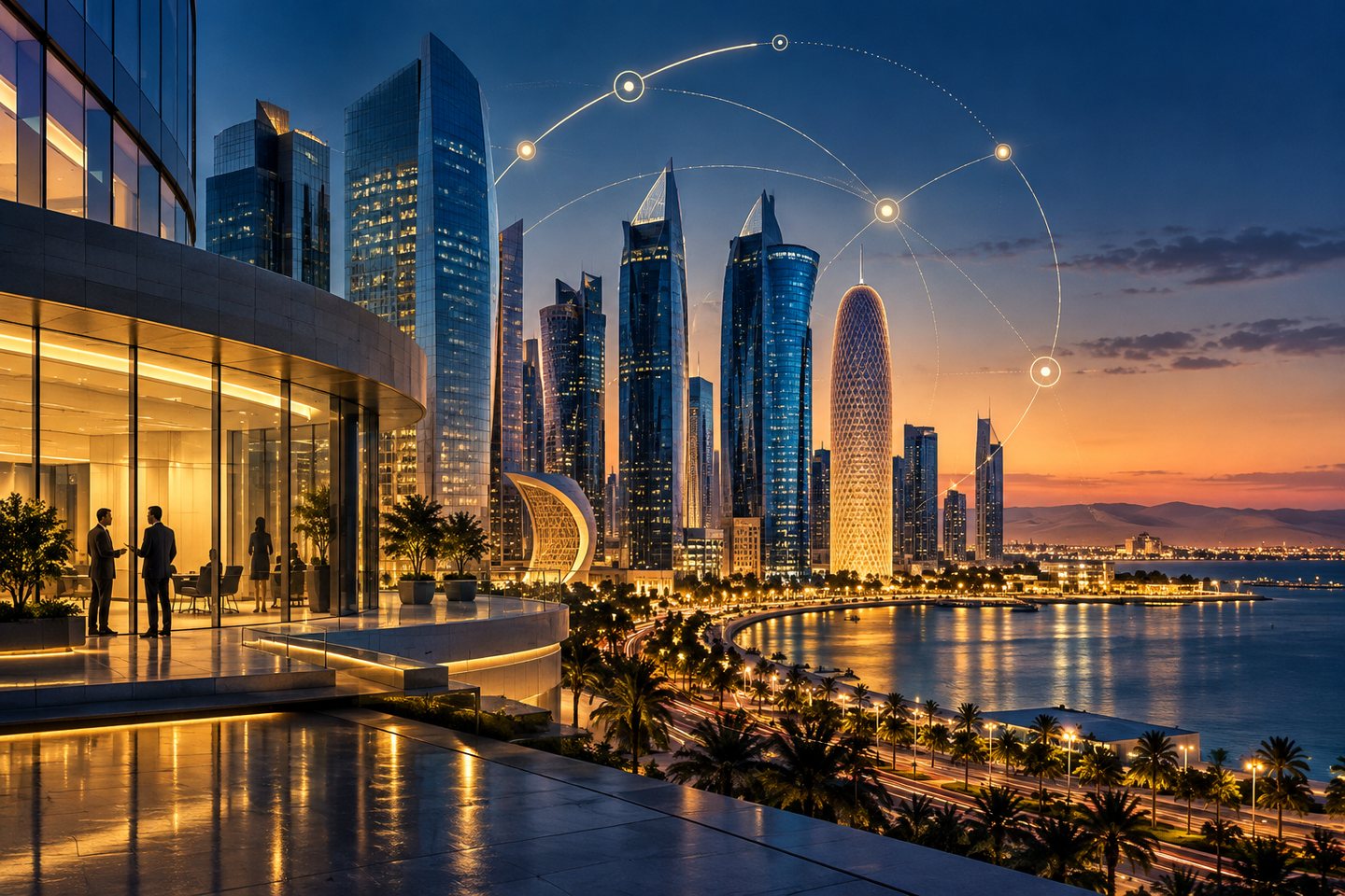 Original conceptual illustration of a modern Doha financial district connected by a glowing credit network at sunset