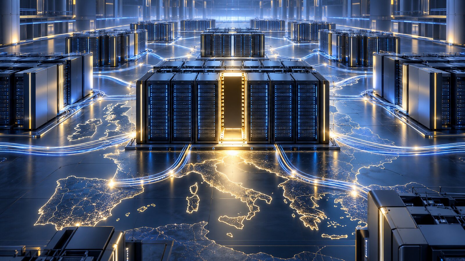 AI-generated illustration of a fictional European supercomputer hall with one missing memory-module slot; it is not a photograph of Bull equipment.