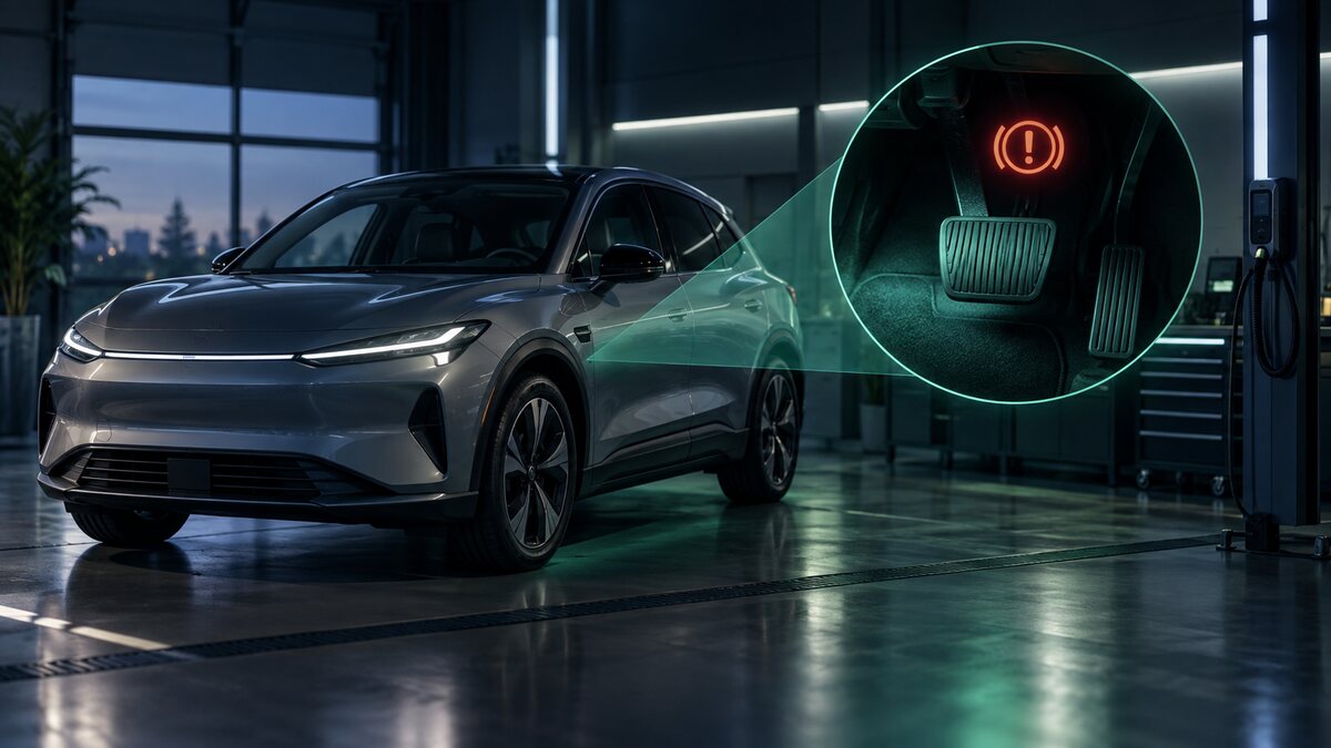 AI-generated illustration. A generic electric vehicle in a service bay with its brake-pedal area highlighted; not a BYD Qin or Tang and not a repair guide.