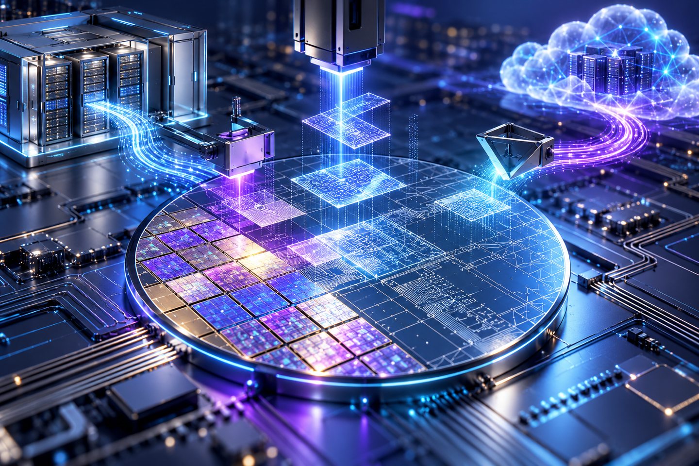 Original conceptual illustration of AI tools assembling a semiconductor design across local and cloud systems