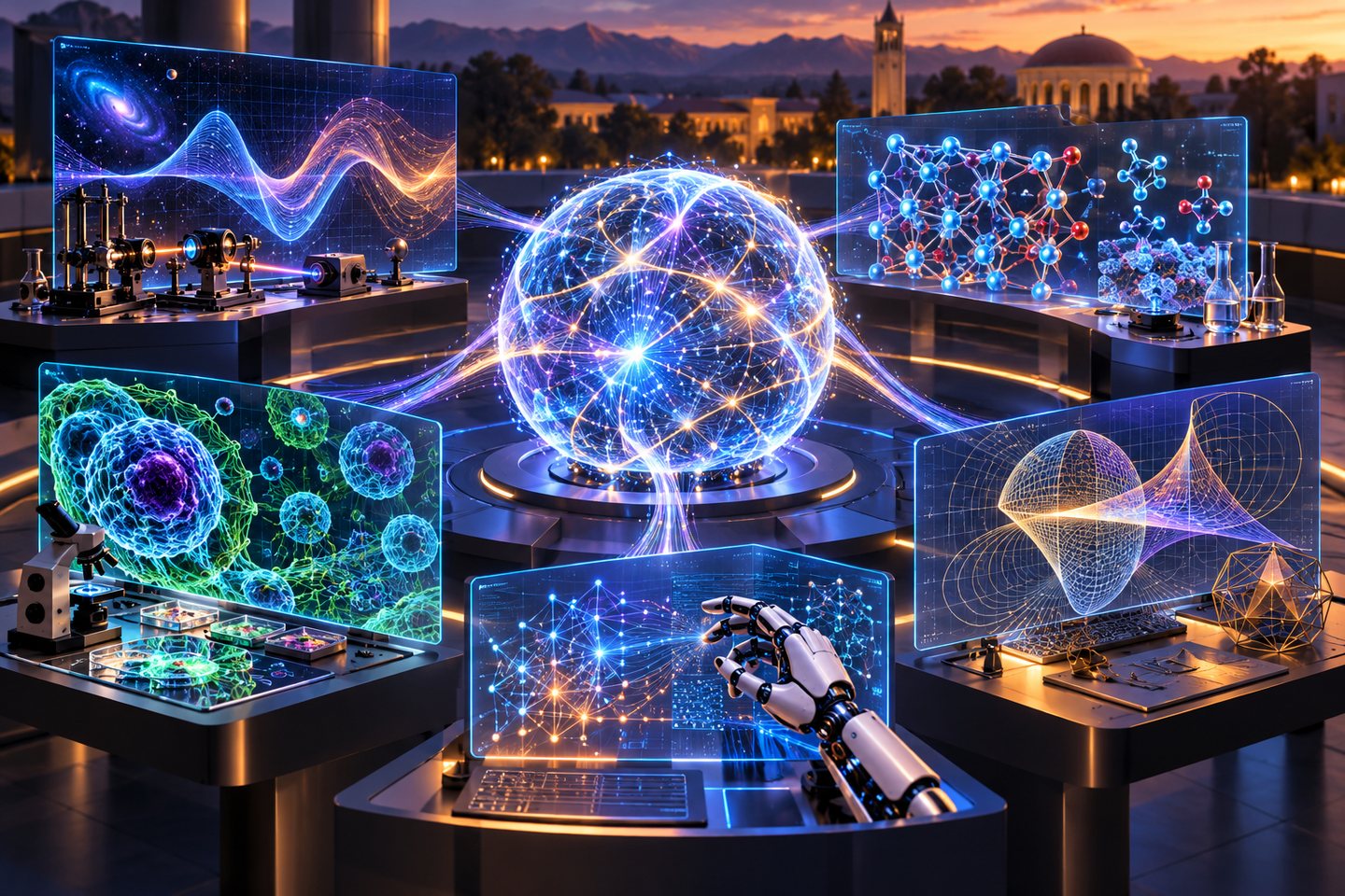 Original conceptual illustration of five scientific workstations connected to one AI research sphere