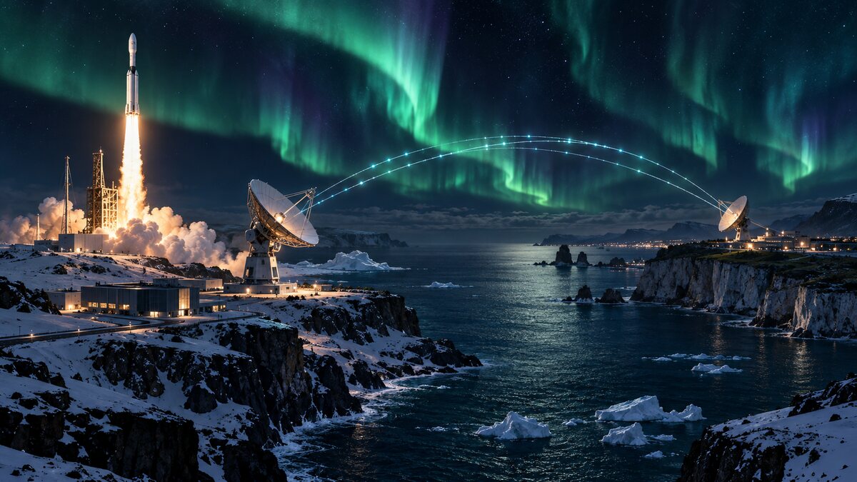 AI-generated illustration. A generic rocket and two Arctic ground antennas exchange signals across water; not a Canadian or French launch site or system.