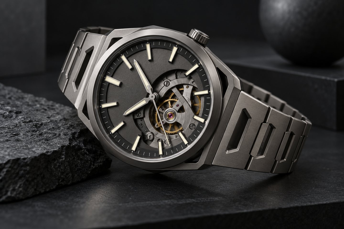 Original conceptual titanium mechanical wristwatch with a matte dial and luminous layered indexes