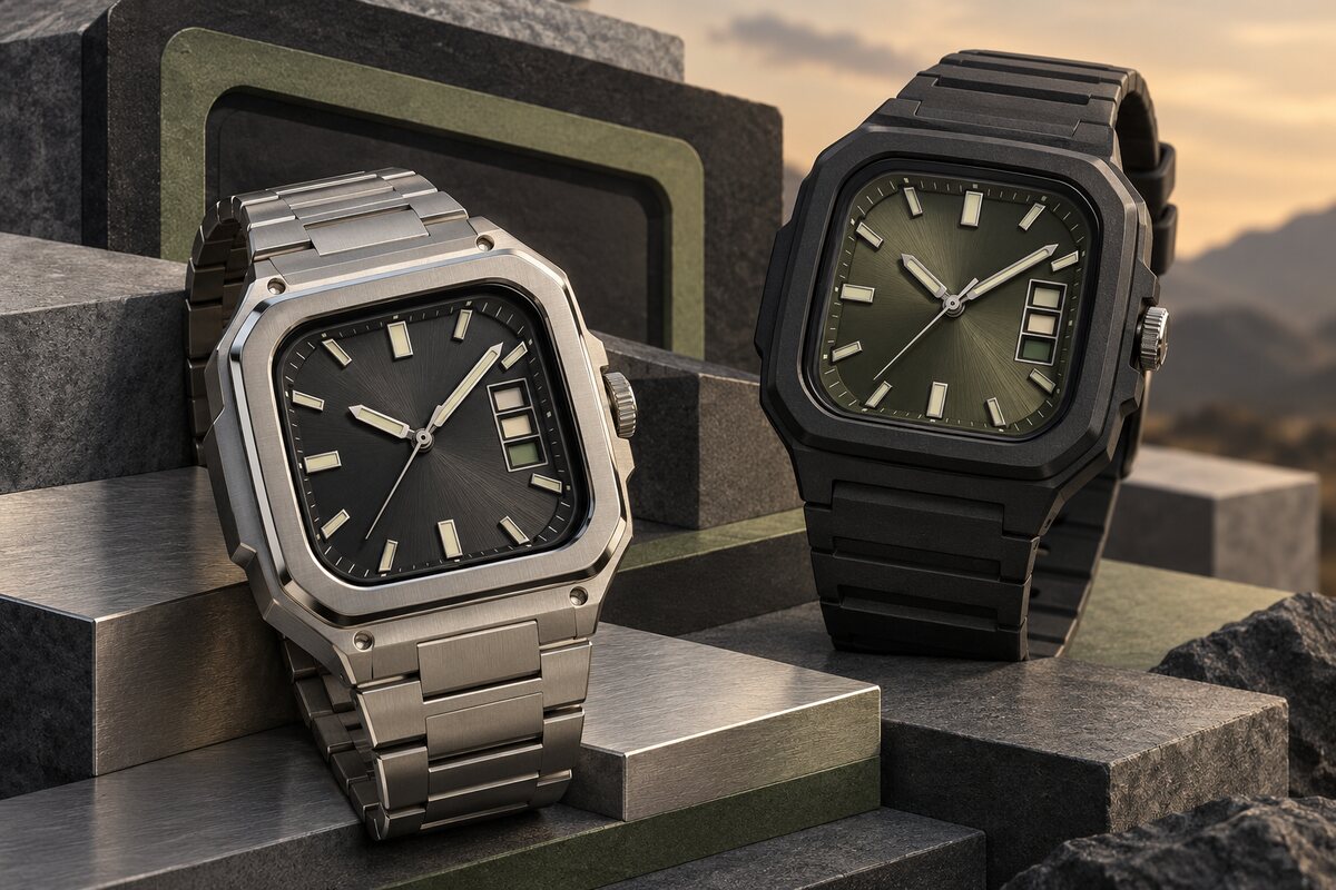 Original conceptual steel and resin rounded-square analog watches