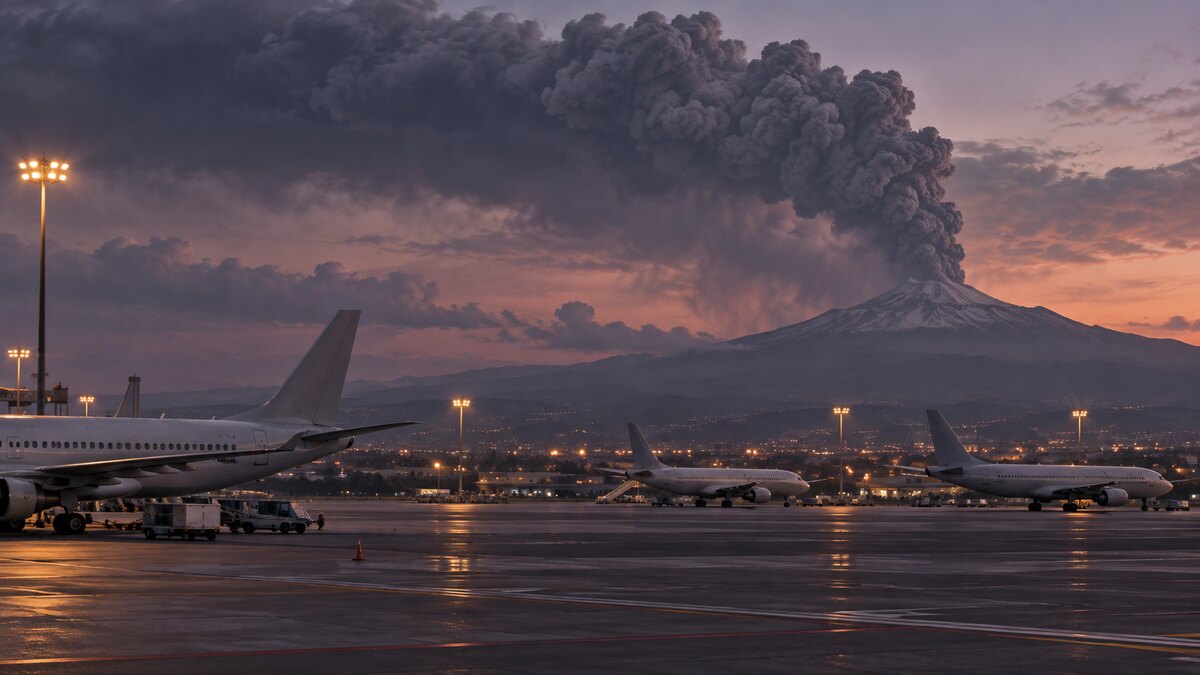 AI-generated illustration of parked unbranded aircraft at dusk with a volcanic ash plume in the distance; it is not a photograph of the Etna event.