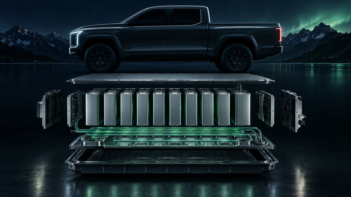 AI-generated illustration. Tall battery modules sit beneath a generic electric pickup silhouette; not a CATL pack, production design or named automaker vehicle.