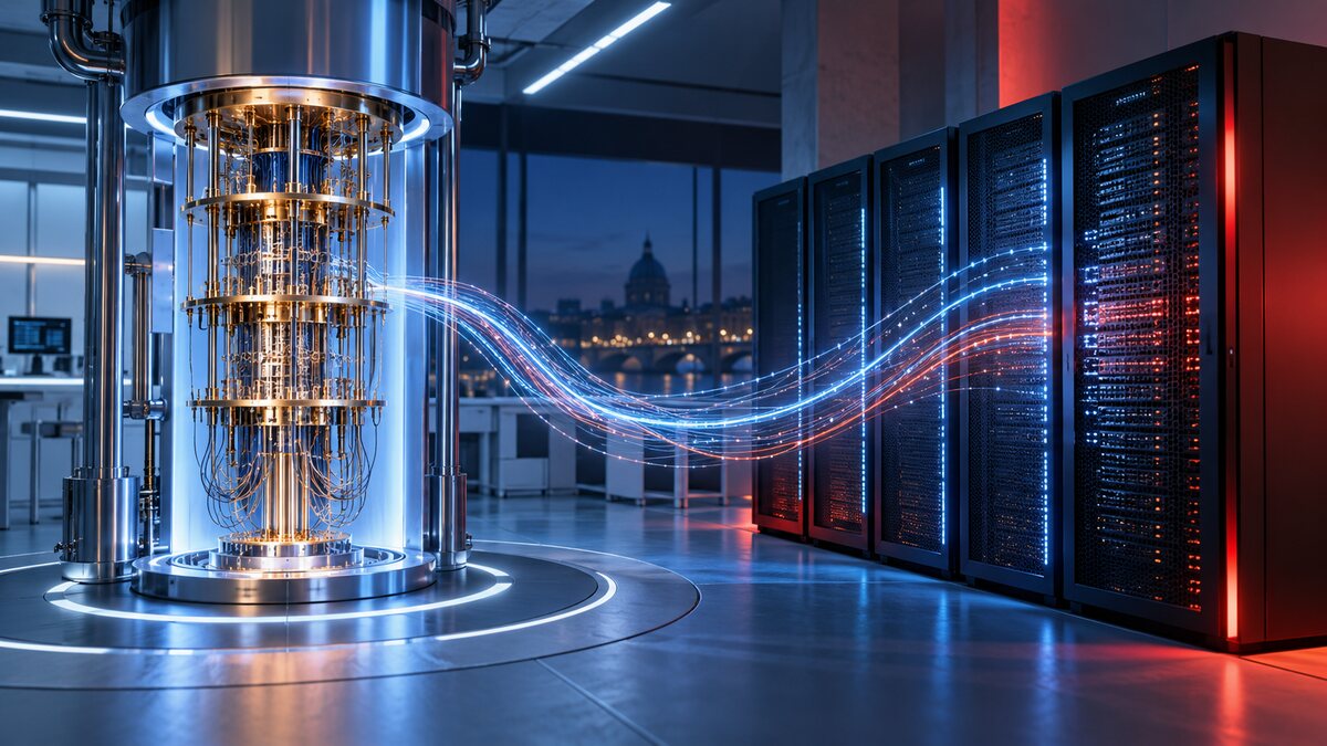AI-generated illustration. A cryogenic quantum processor connected to conventional supercomputer racks; not a CEA or Alice & Bob facility.