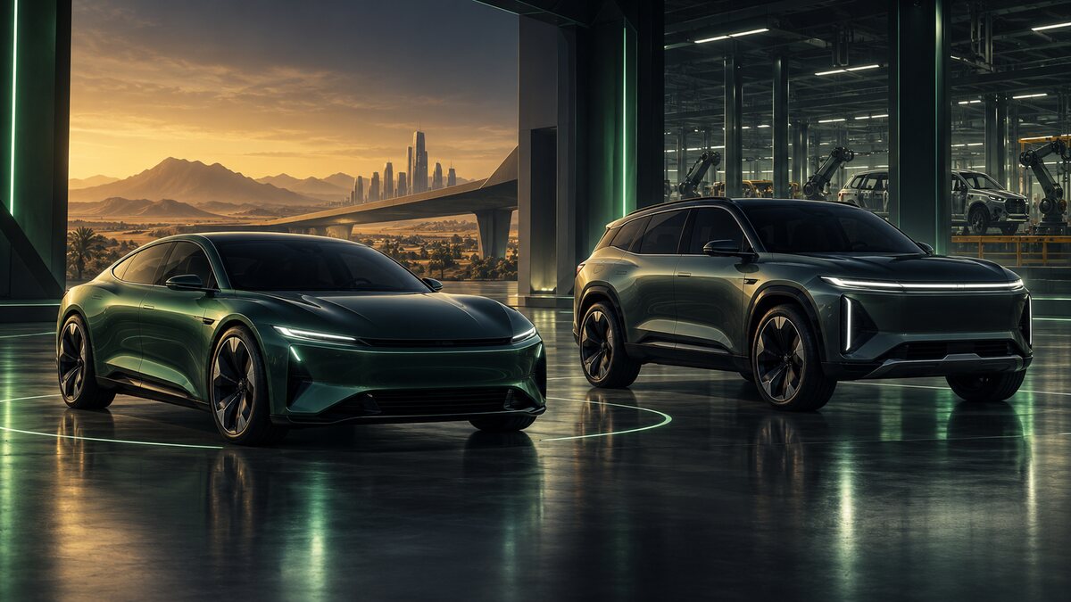 AI-generated illustration. A generic electric sedan and SUV stand in an advanced vehicle studio; not Ceer Exobot models or an official rendering.