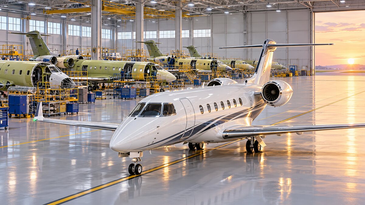 AI-generated illustration of unbranded business jets in a final-assembly hall; it is not the 500th Citation Latitude or Textron’s Wichita factory.