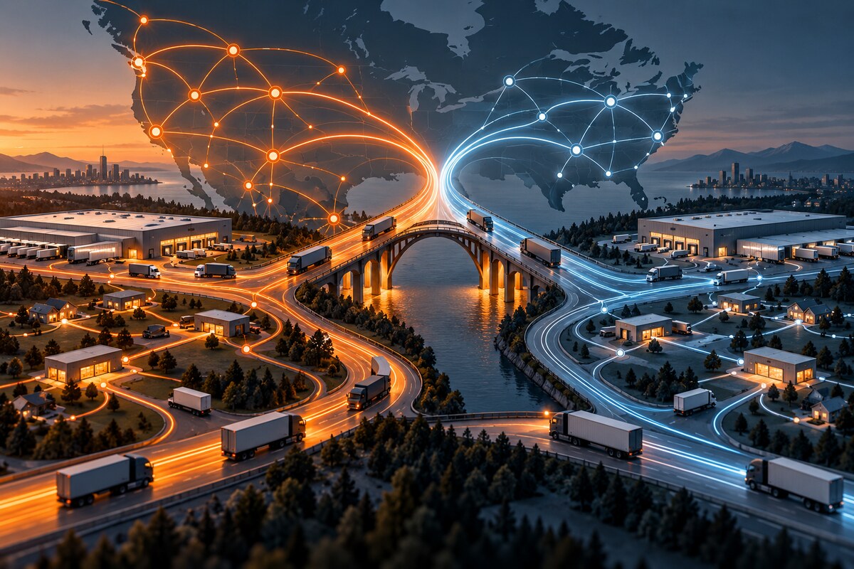 AI-generated illustration of two freight networks converging across a bridge; it is not a photograph of C.H. Robinson, RXO or a transaction event.