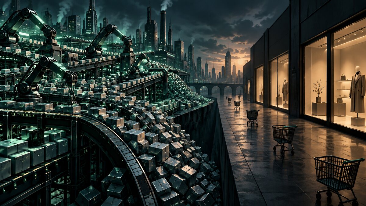 AI-generated illustration. Automated factories and overflowing production lines contrast with quiet consumer shops; not a real Chinese city or facility.