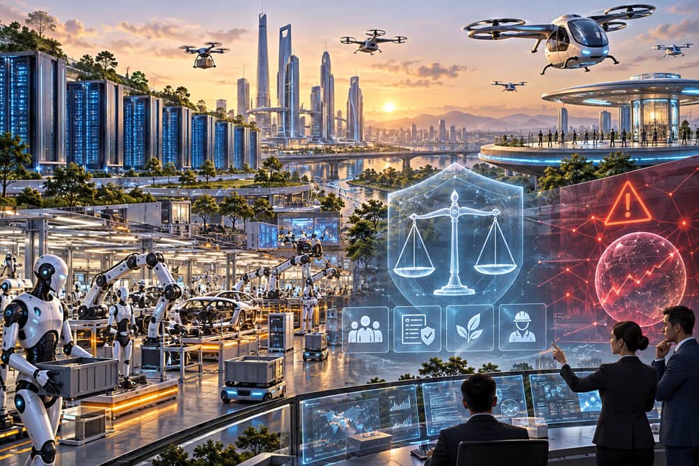 AI-generated illustration of AI data centers, robotics, smart factories, drones and air taxis balanced by transparent governance controls; it is not a photograph of a policy event.