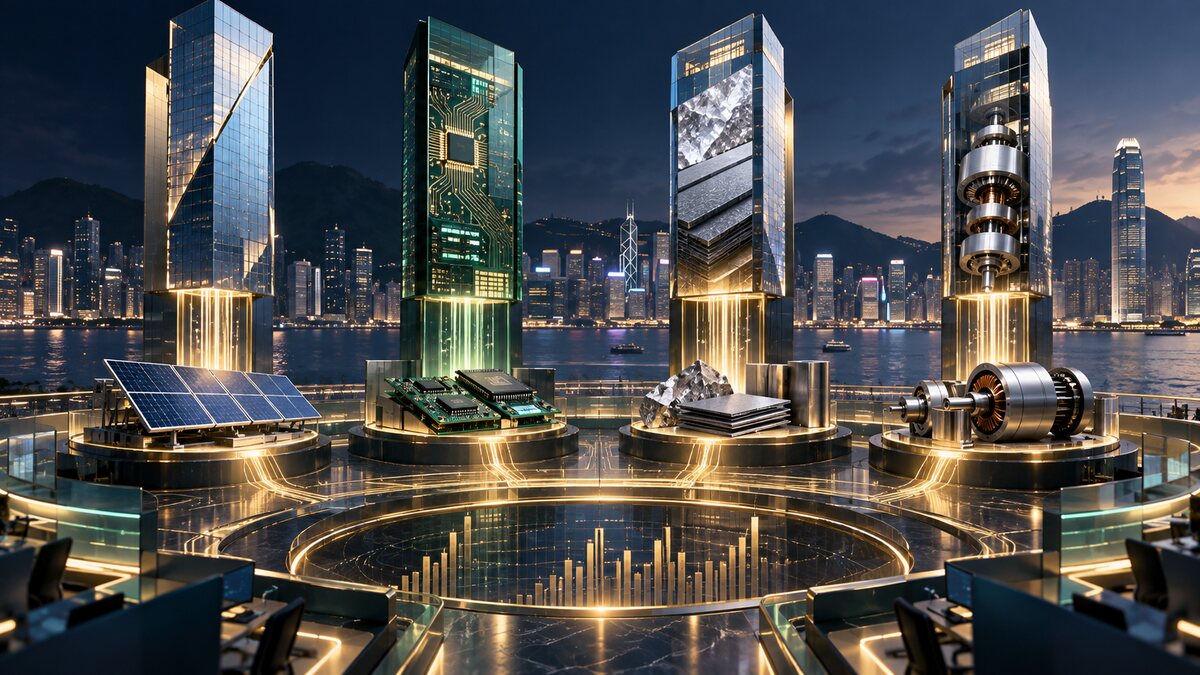 AI-generated illustration. Four technology-and-industry towers rise from an abstract exchange floor; not a Hong Kong exchange, company building or listing ceremony.