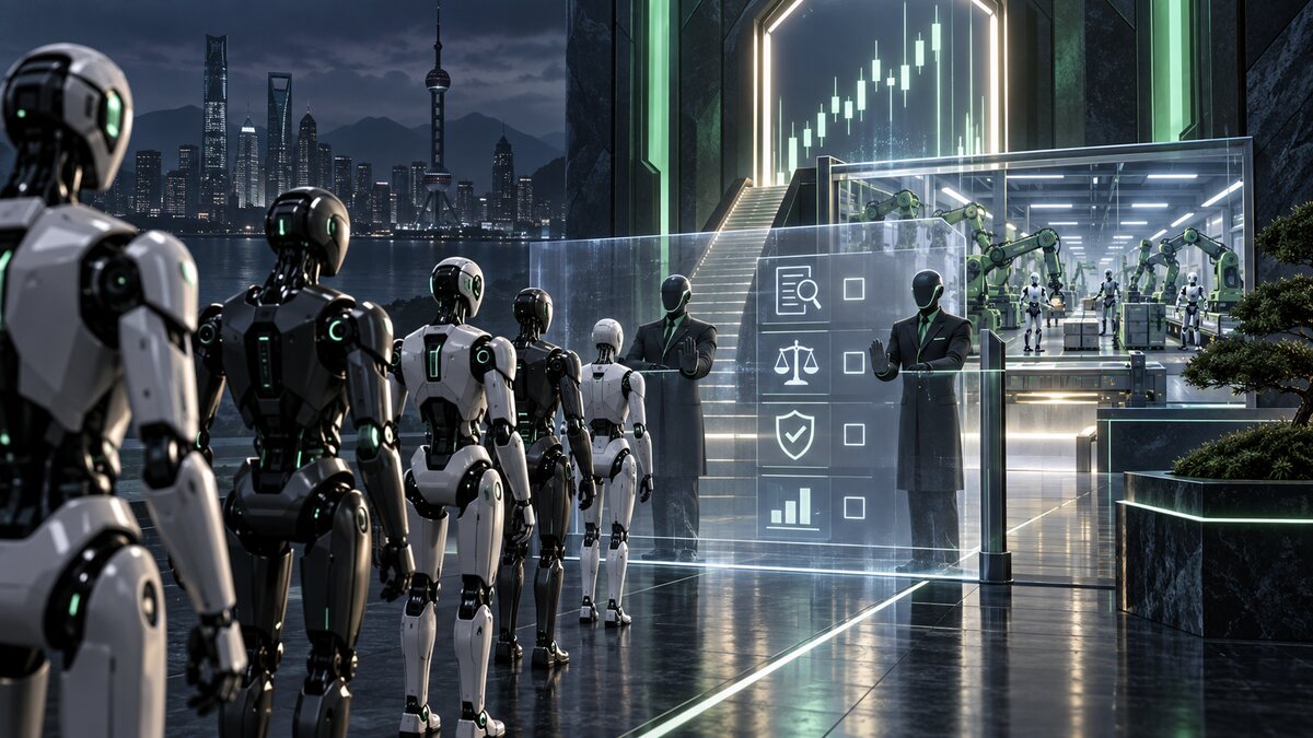 AI-generated illustration. Unbranded humanoid robots wait at a transparent financial-review gateway; not a Unitree product, exchange or real listing event.