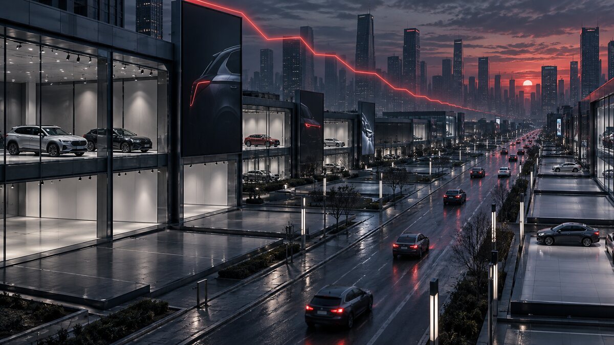AI-generated illustration. Generic unbranded cars pass sparsely occupied showrooms under a descending light pattern; it is not a real location or Volkswagen imagery.
